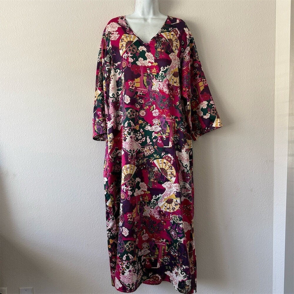 Cruz Kaftan Maxi Dress Womens M Purple Pink Dragon Fan Print V-Neck